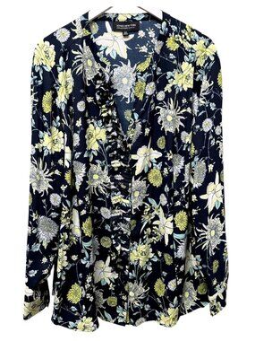 JONES NEW YORK Blouse Plus Size 20W Navy Blue Floral Ruffle Button Front Top